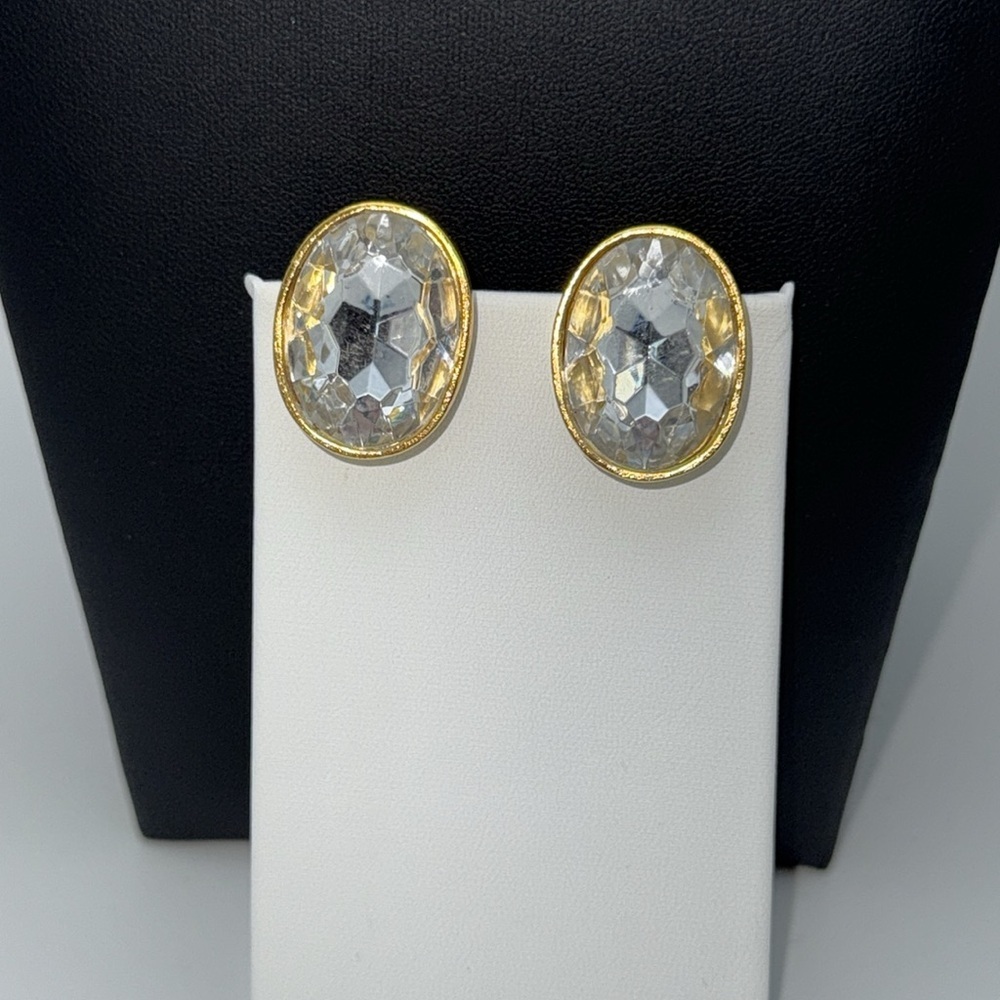 Vintage Ellen Deisgn clear faceted headlight 80s oval statement clip earrings - Picture 10 of 11